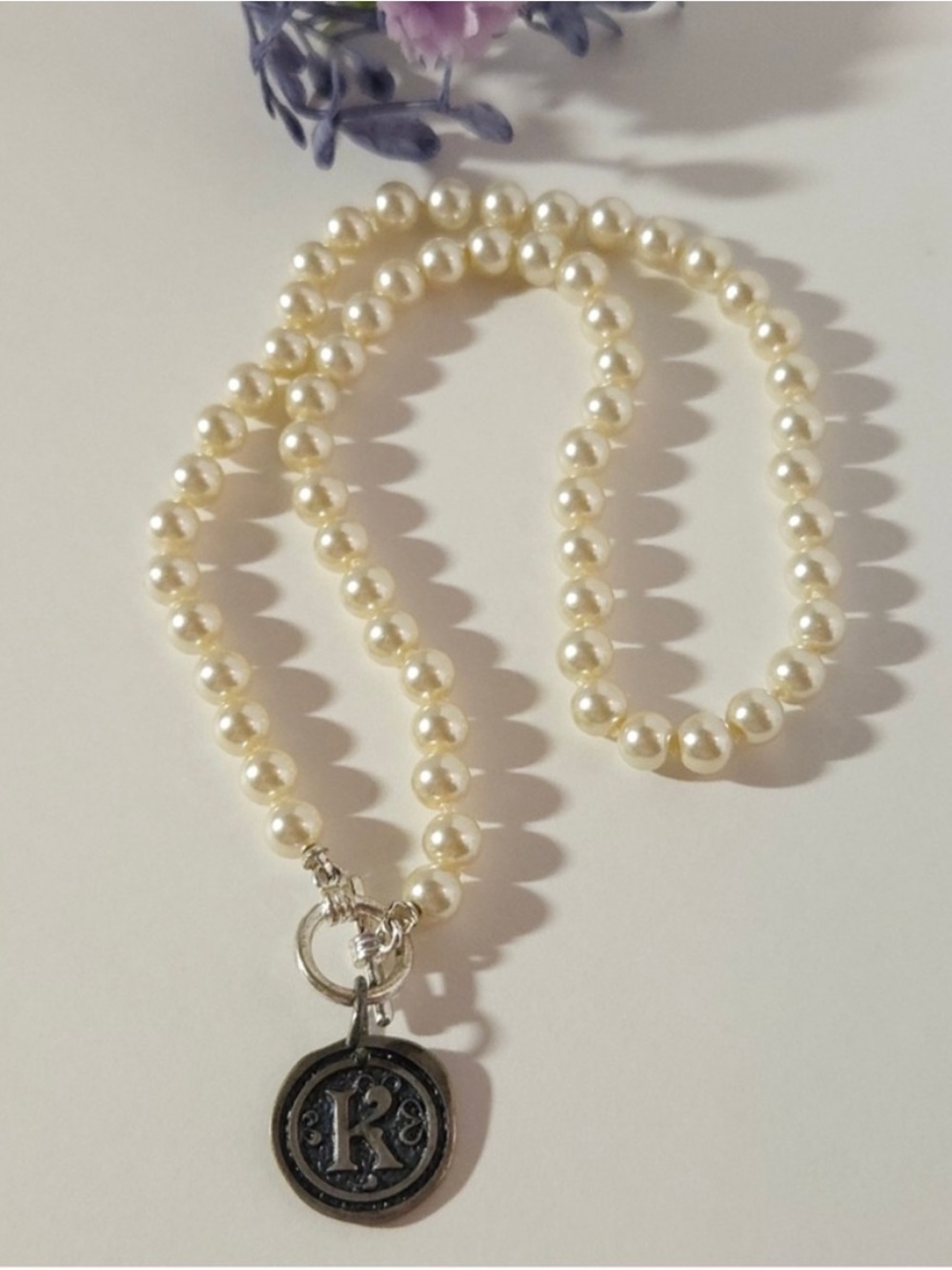 Hand Knotted 18” Faux Pearl Necklace with 'K' Charm Silver Toggle Closure